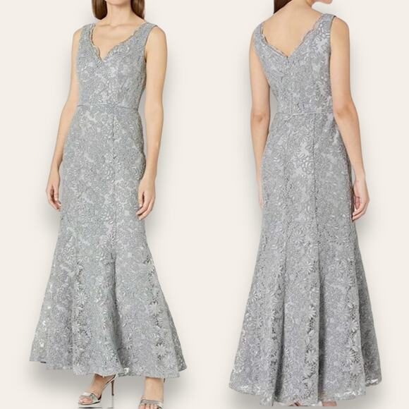 NWT JS COLLECTIONS DRESS 4 GOWN GRAY EMBROIDERED FLORAL MERMAID LONG MAXI TULLE - Picture 1 of 13